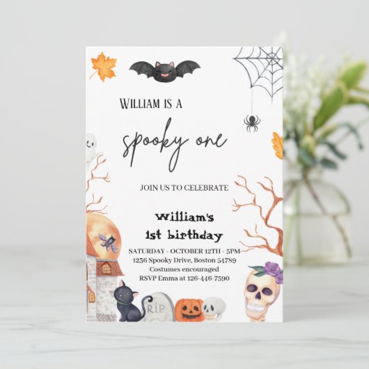 1つの不気味こうもりハロウィンスパイダー1st誕生日 招待状 (スタンド正面)