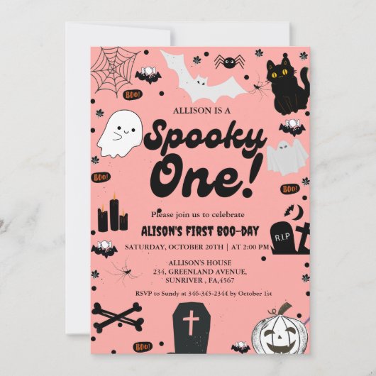 1つの不気味レトログロヴィハロウィンガール1st誕生日 招待状 (正面)