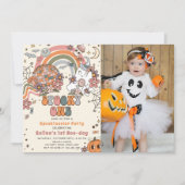 1つの不気味レトロ幽霊ハロウィーン誕生日写真 招待状 (正面)