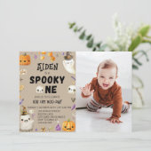 1つの不気味ヴィンテージ幽霊第1の誕生日招待状 招待状 (スタンド正面)