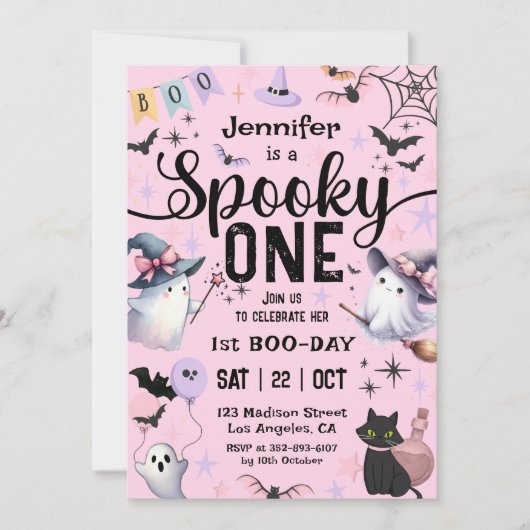 1つの不気味幽霊ハロウィーン1st誕生日ガールカワイイ 招待状 (正面)