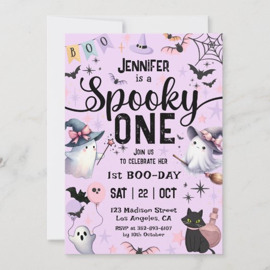 1つの不気味幽霊ハロウィーン1st誕生日ガールカワイイ 招待状 (正面)