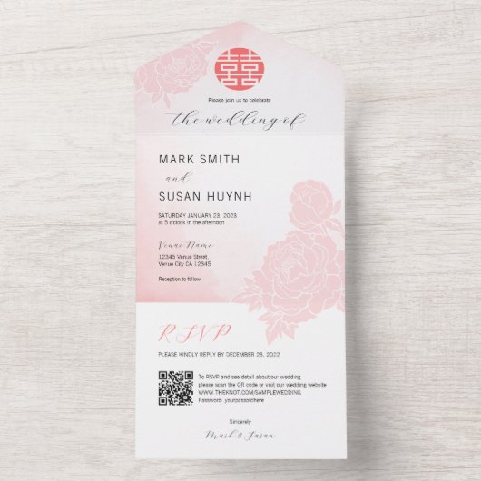 1つの中国の結婚式招待状で水彩全体 オールインワン招待状 (内側)