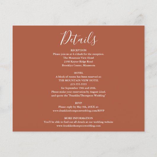 1つの写真で予算すべてテラコッタ結婚式の招待 (裏面)