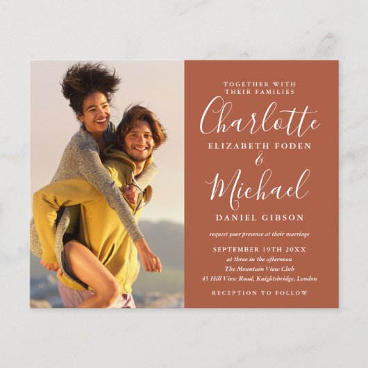 1つの写真で予算すべてテラコッタ結婚式の招待 (正面)