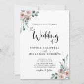 1つの埃っぽいピンクのバラの書道結婚の 招待状 (正面)