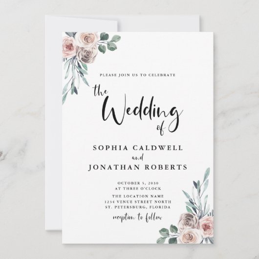 1つの埃っぽいピンクのバラの書道結婚の 招待状 (正面)