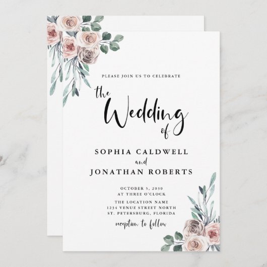 1つの埃っぽいピンクのバラの書道結婚の 招待状 (正面/裏面)