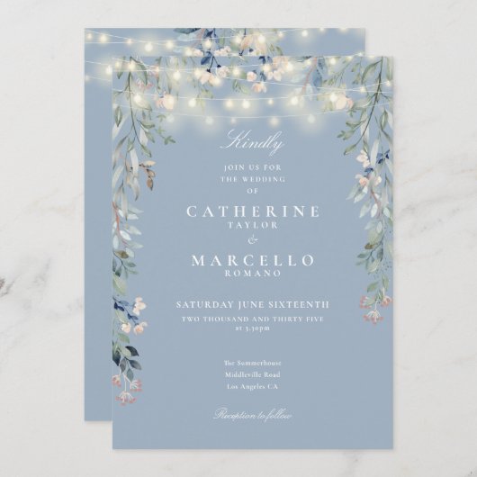 1つの埃っぽい青い文字列に全てフローラ結婚 招待状 (正面/裏面)