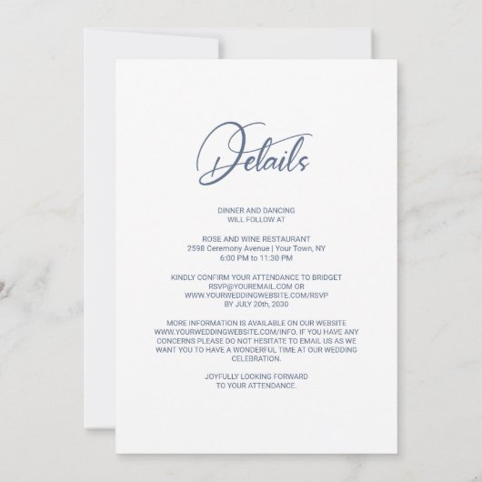 1つの埃っぽい青い白いフローラ結婚 招待状 (裏面)