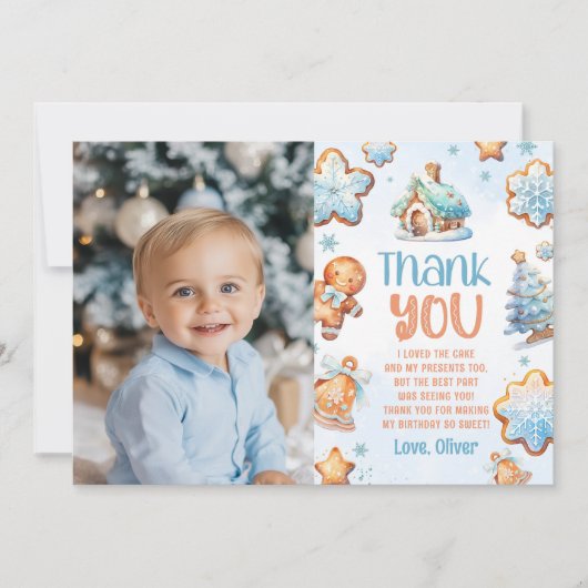 1つの小さなクッキーボーイ誕生日写真感謝していあなた 招待状 (正面)