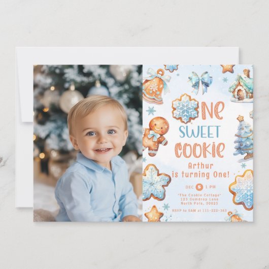 1つの小さなCookie男の子のクリスマス1番目の誕生日の写真 招待状 (正面)