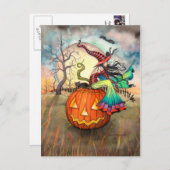 1つの巨大なパンプキンハロウィーンの魔女アート ポストカード (正面/裏面)