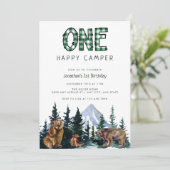 1つの幸せなキャンパー |素朴誕生日招待状 招待状 (スタンド正面)