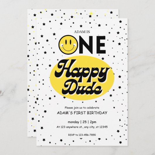 1つの幸せな男絵文字1歳の誕生日の男の子 招待状 (正面/裏面)