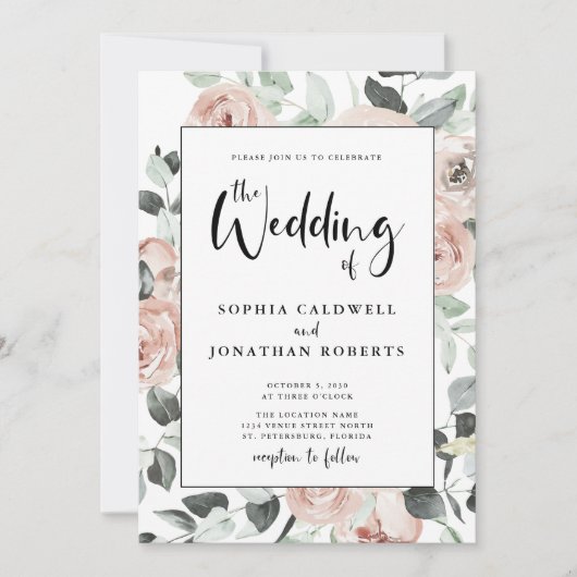 1つの書道でほこりっぽいピンクのバラ結婚の 招待状 (正面)