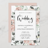 1つの書道でほこりっぽいピンクのバラ結婚の 招待状 (正面/裏面)