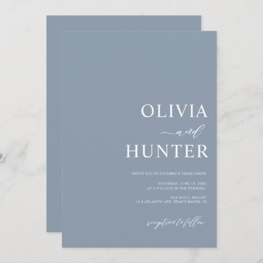 1つの書道でほこりっぽいブルー結婚ズ 招待状 (正面/裏面)