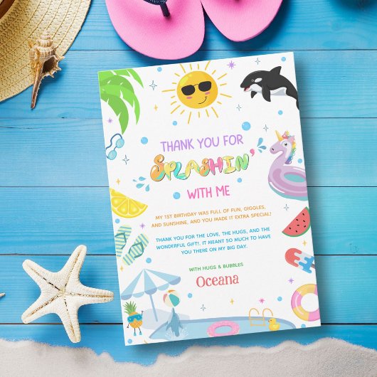 1つの最初の誕生日プールパーティーへのスプラシン サンキューカード