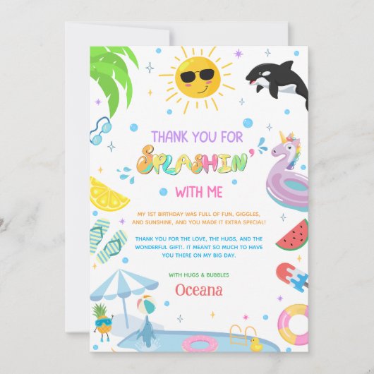 1つの最初の誕生日プールパーティーへのスプラシン サンキューカード (正面)