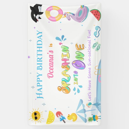 1つの最初の誕生日プールパーティーへのスプラシン 横断幕 (縦)