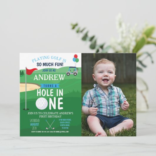 1つの最初の誕生日招待状写真のゴルフ穴 招待状 (スタンド正面)