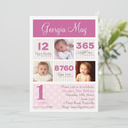 1つの最初年の女の赤ちゃんの最初誕生日 招待状 (スタンド正面)