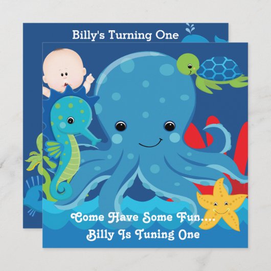 1つの歳の誕生日のタコのパーティー 招待状 (正面/裏面)