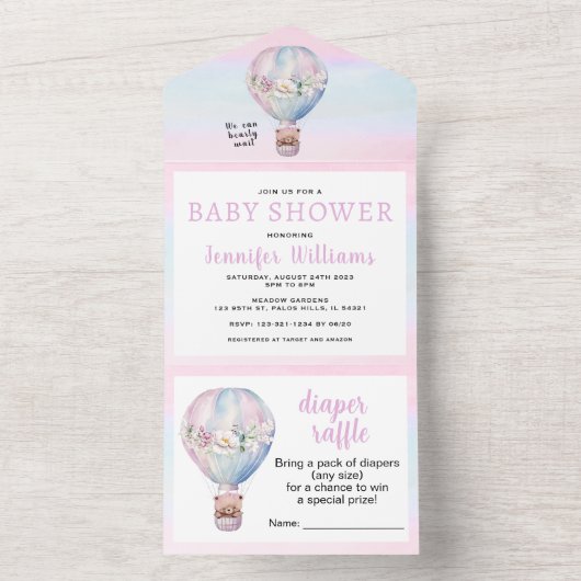 1つの熱気球の赤ちゃんシャワーの招待状ですべて オールインワン招待状 (内側)