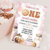 1つの甘いクッキーのミルクとクッキー最初の誕生日 招待状