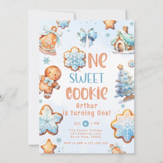 1つの甘いクッキーボーイクリスマス1歳の誕生日 招待状 (正面)