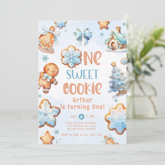 1つの甘いクッキーボーイクリスマス1歳の誕生日 招待状 (スタンド正面)