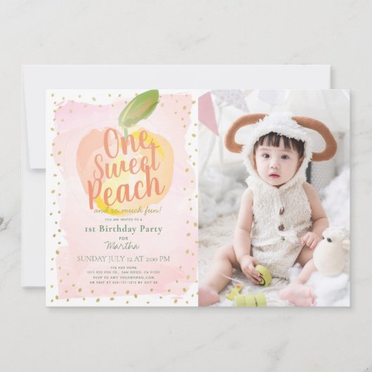 1つの甘いピーチピンクの女の子の写真1st誕生日 招待状 (正面)