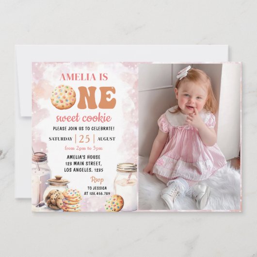 1つの甘いミルクとクッキー最初の誕生日写真 招待状 (正面)