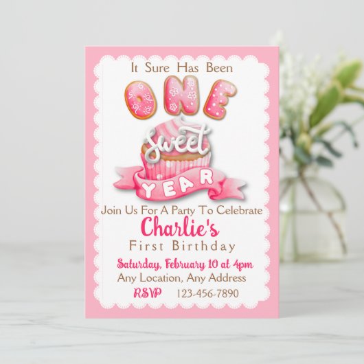 1つの甘い年の最初の誕生日パーティーの招待 招待状 (スタンド正面)