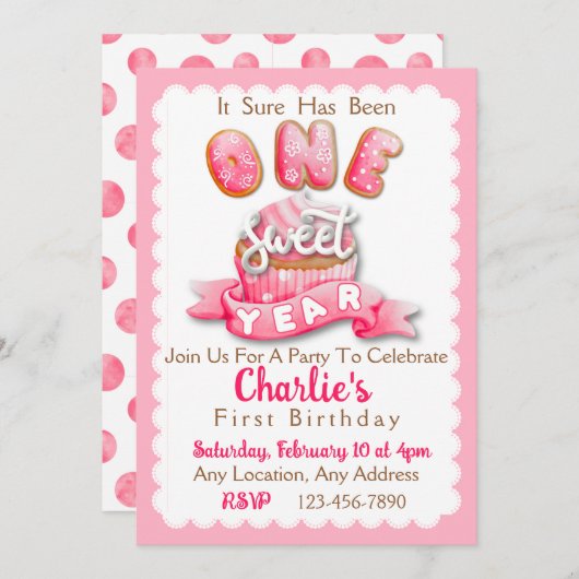 1つの甘い年の最初の誕生日パーティーの招待 招待状 (正面/裏面)