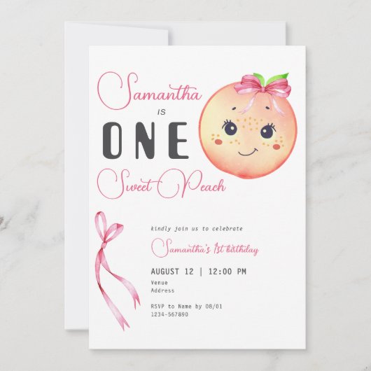 1つの甘い桃かわいいフォトガール1st誕生日 招待状 (正面)
