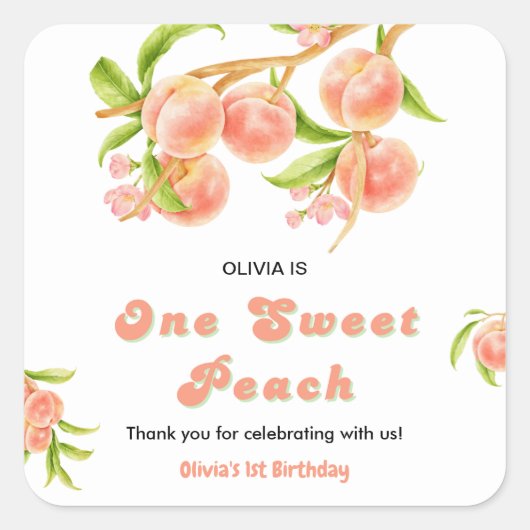 1つの甘い桃の果実1st誕生日ありがとう スクエアシール (正面)