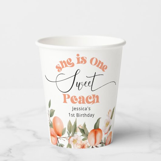 1つの甘い桃の水色1日の誕生日 紙コップ (裏面)