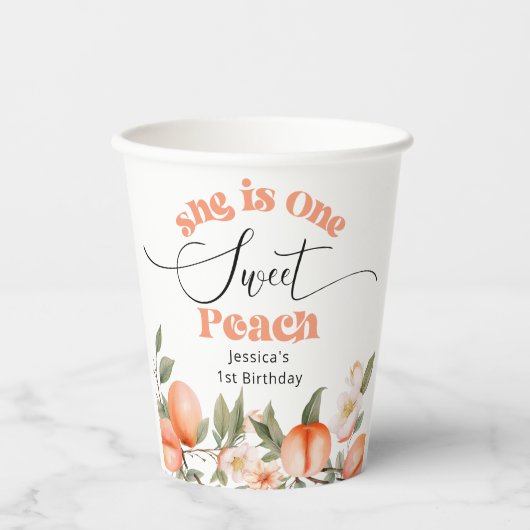1つの甘い桃の水色1日の誕生日 紙コップ (正面)