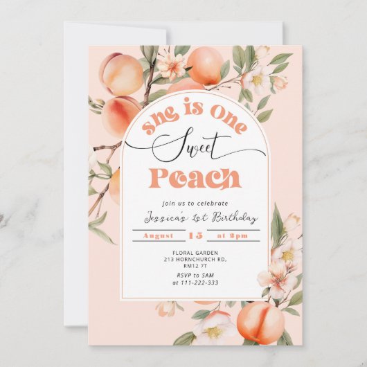 1つの甘い桃1歳の誕生日 招待状 (正面)