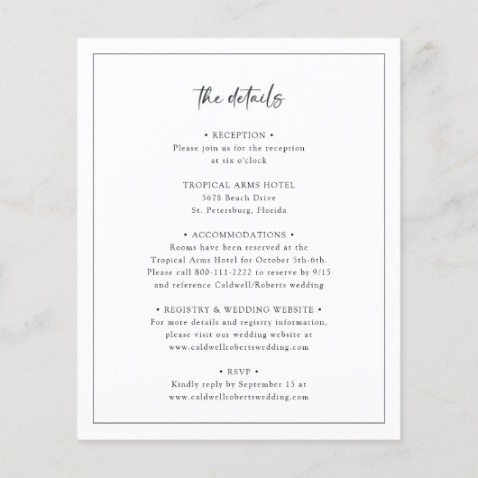 1つの白黒の結婚式の招待ですべての予算 (裏面)