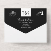 1つの白黒QRコードでドードルハンドが描画 オールインワン招待状 (裏面)