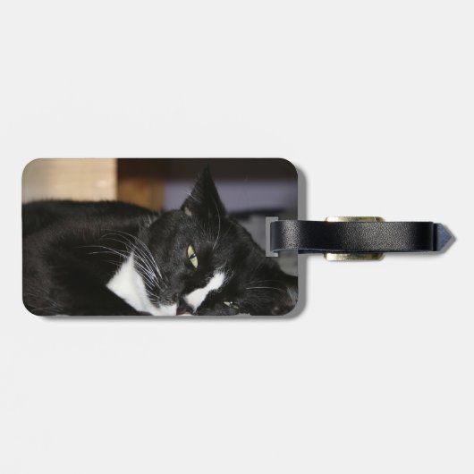 1つの目タキシード猫の白黒にあること開いた ラゲッジタグ (裏面横)