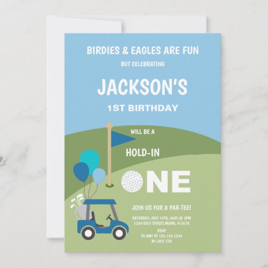 1つの穴のパーティーテーマの男の赤ちゃん 招待状 (正面)