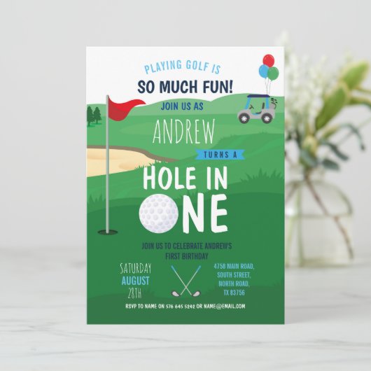 1つの第1誕生日招待状おもしろいにゴルフ穴 招待状 (スタンド正面)