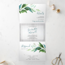 1つの素朴結婚式で木材と緑の全てを招待 三つ折り招待状