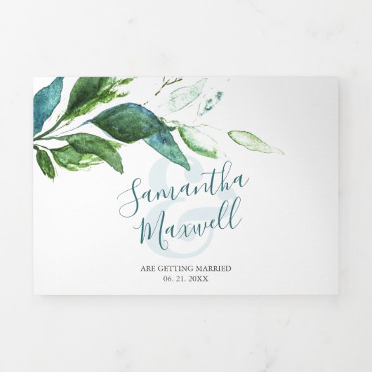 1つの素朴結婚式で木材と緑の全てを招待 三つ折り招待状 (カバー)