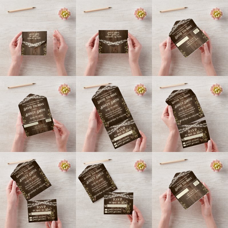 1つの素朴結婚式の招待で全員の木材 オールインワン招待状