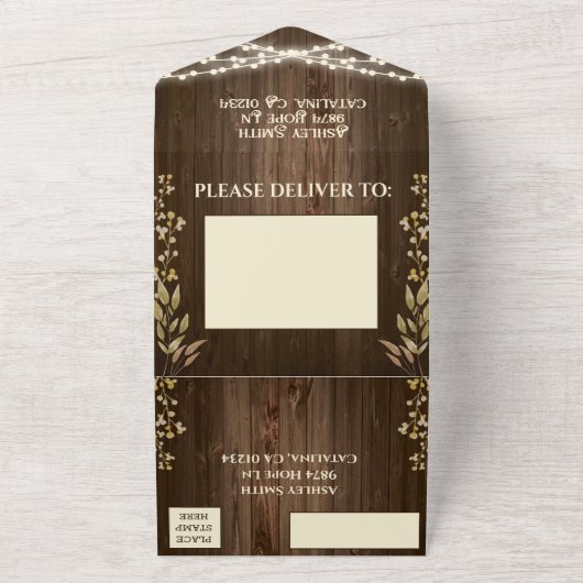 1つの素朴結婚式の招待で全員の木材 オールインワン招待状 (外側)